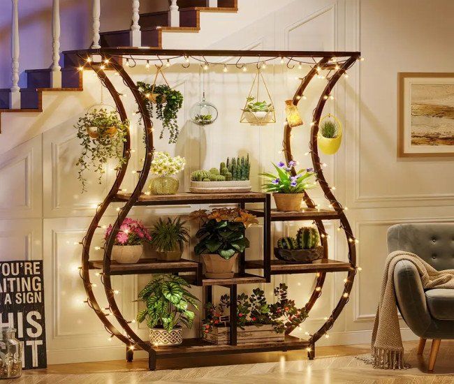  6-Tier Plant Stand with Vase-Shaped Ladder Design, 10 Hanging Hooks for Versatile Indoor/Balcony/Living Room Plant Display