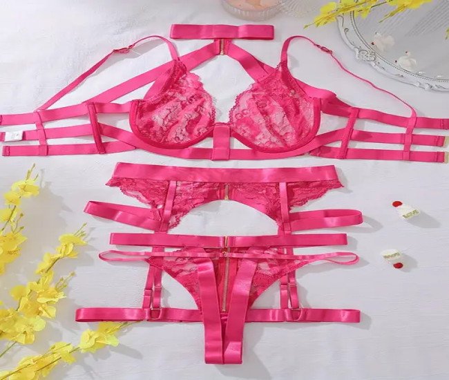  Hot Selling Cross-border Underwear with Complex Craftsmanship Sexy Hollow Lace Bandage Hanging Neck Shaper Sexy Garter Set