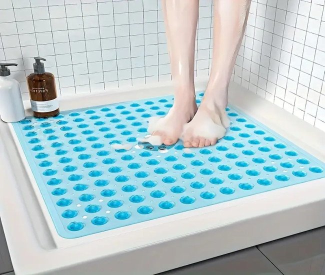 1pc Non-Slip Square Shower Mat with Massage Bubbles, Dual-Sided Anti-Slip, 53x53cm, Quick Drainage Round Holes, Machine Washable, Ideal for Bathroom, Shower, Bathtub, Kitchen, Greenhouse, RV Decor, Bathroom Mat | Decorative Shower Mat | PVC Material