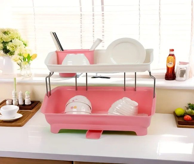 2-Tier Space-Saving Kitchen Dish Rack with Drainboard - Plastic Storage Organizer