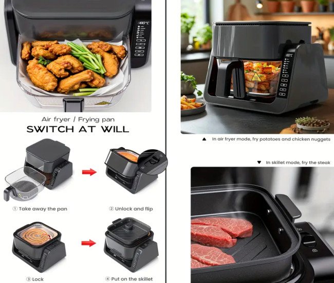 Advwin 7-in-1 Air Fryer, Multi-Functions Electric Air Fryer with Grill, Digital Timer Frying Pan, Touch Control Kitchen Oven for Fish, Shrimp, Steak, Bake | 4L