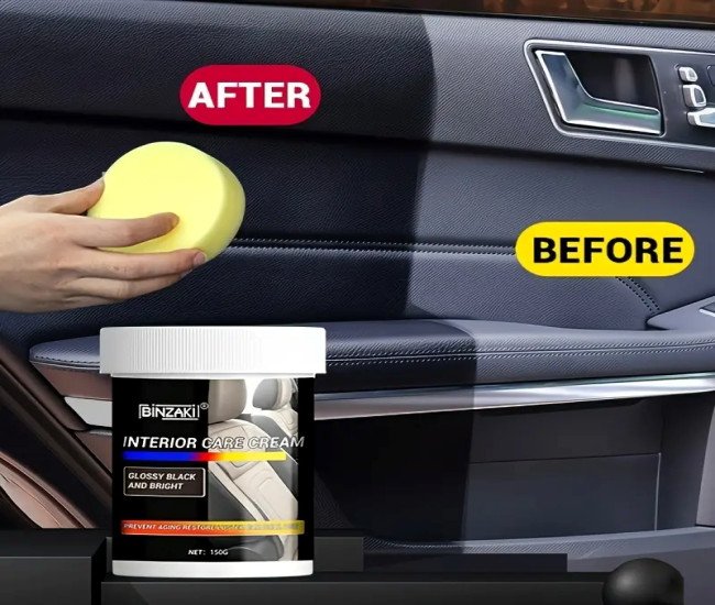 BINZI Interior Car Refurbishment Cream - 100ml Glossy Black & Red Plastic Parts Cleaner, Dashboard Wax, Seat Restoration, Tire Shine, Before-and-After Results Shown for Car Interior