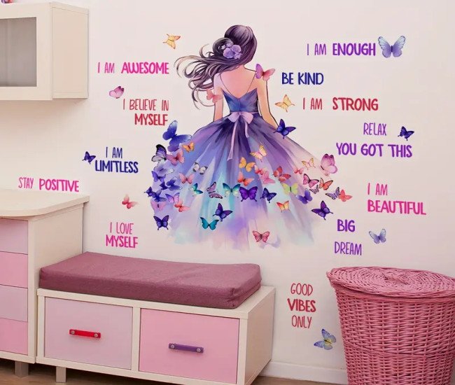 Butterfly Inspirational Quotes Wall Decals, Self-Adhesive Plastic Bedroom and Living Room Decor, Classic Style Elegant Female Silhouette with Positive Affirmations Wall Stickers