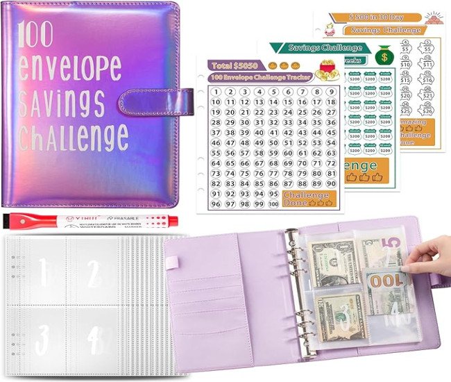 [100 Envelopes Budget Planner Binder] 2023 A5 Budget Planner Binder with 100 Cash Envelopes - Money Saving Challenge Notebook to Save $5,050, New Budget Book, Savings Challenges