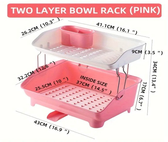 2-Tier Space-Saving Kitchen Dish Rack with Drainboard - Plastic Storage Organizer