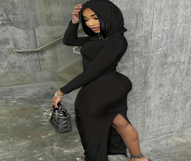 Chic Hooded Maxi Dress - Long Sleeve, Figure-Flattering Split Design - Versatile Casual to Semi-Formal Wear