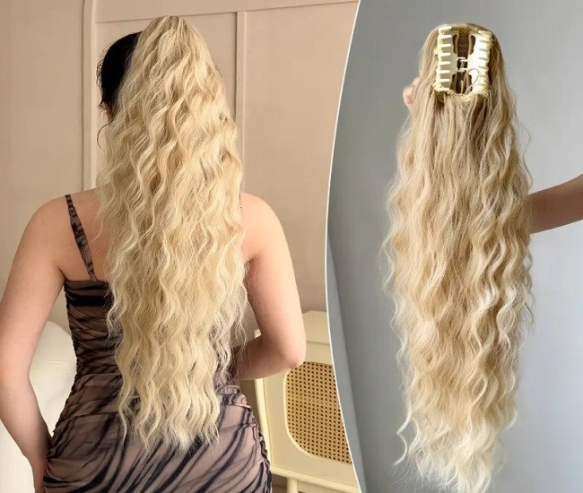 Claw ponytail extension hair Blonde 28 inch long water wave heat-resistant fiber synthetic ponytail suitable for Women's daily use
