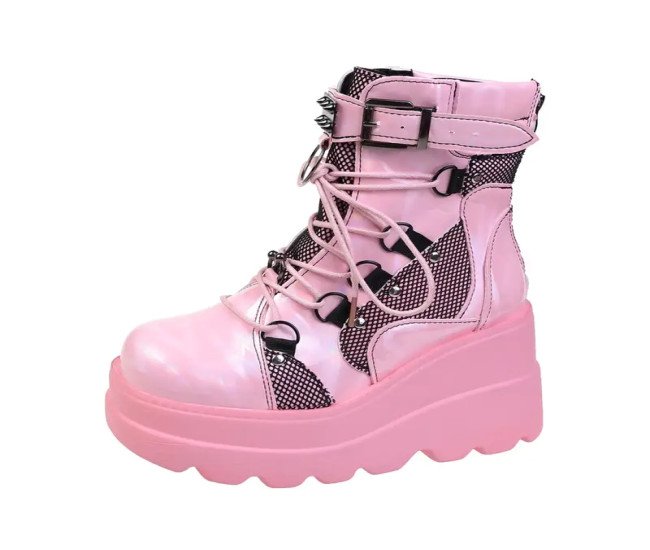 Fastest delivery: 4 business daysChic Pink Platform Wedge Ankle Boots - Faux Lace-Up Buckle Straps, Comfortable Fabric Lining, Durable PU Sole - Ideal for Casual Wear