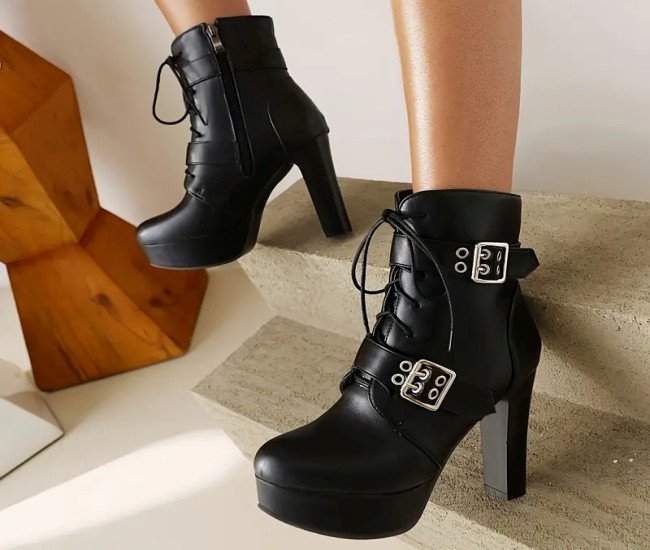 Fastest delivery: 4 business daysWomen's Solid Color Platform Boots, Lace Up Round Toe Side Zipper Buckle Decor Motorcycle Boots, Versatile Outdoor Cool Shoes