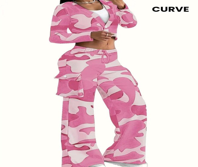 Casual Camouflage Print Two-piece Set, Long Sleeve Single Button T-shirt & Drawstring Flap Pockets Pants Outfits, Women's Clothing