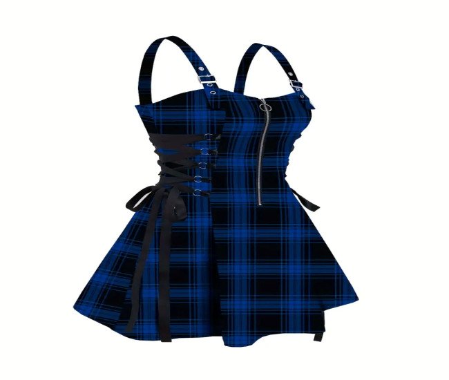 Chic Women's Plaid Print Dress with Zipper & Buckle Straps - Casual Off-Shoulder, A-Line Skirted Design, Polyester, Machine Washable - Blue & Black