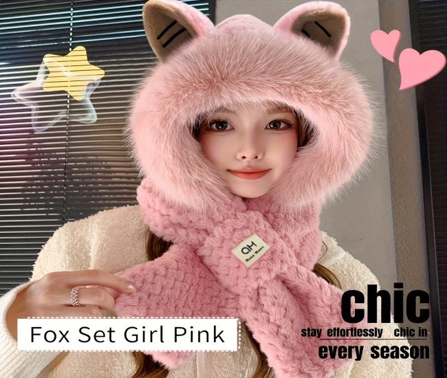 Cozy & Cute Animal-Themed 3-in-1 Plush Hat, Scarf, and Ear Warmer - Soft, Stretchy Polyester Knit with Moisture-Wicking Feature, Perfect for Winter Cycling and Valentine's Day Gift