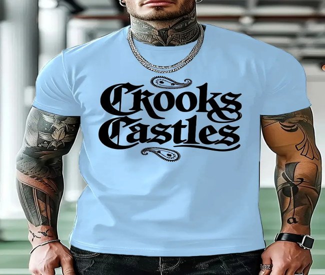 Crooks Castles Men's Black Short-Sleeve Graphic T-Shirt - 100% Polyester, Geometric Print, Round Neck, Casual Summer Tee for Casual Attire and Workouts