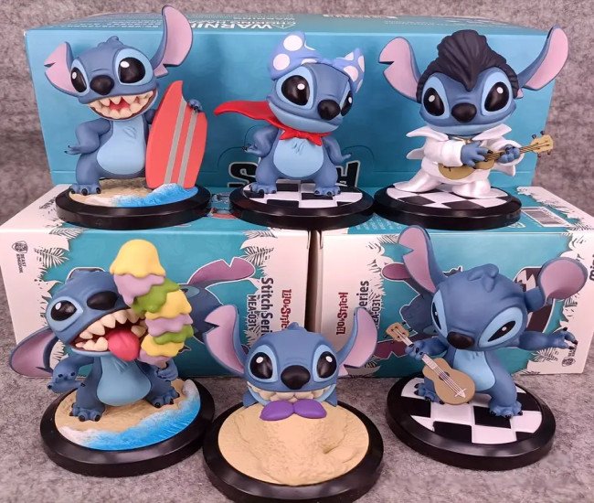 Disney New Trendy Stitch Hawaiian Beach Party Set of 6 Styles Tabletop Decor Figurines, Birthday Gift Party Favors