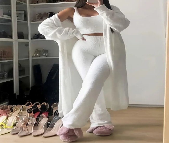 Elegant White Knit Three-Piece Set - Sleeveless Crop Top, High-Waisted Pants, and Long Cardigan with Fluffy Slippers, Polyamide & Polyester Blend, Stylish Casual Wear, Stylish Casual Wear | Modern Casual Attire | Knit Texture