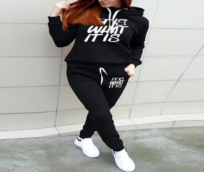 Fastest delivery: 5 business daysMachine Washable Fleece-Lined Cozy Hoodie & Joggers Set for Women - Casual Letter Print, Drawstring Waist