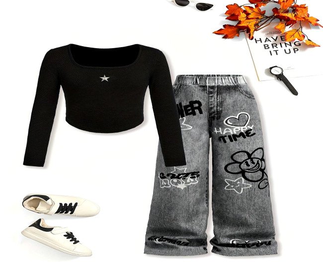 Girls' Fashion Casual Long Sleeve Top and Loose Print Pants Set, Polyester, Machine Washable - Spring/Autumn, Perfect