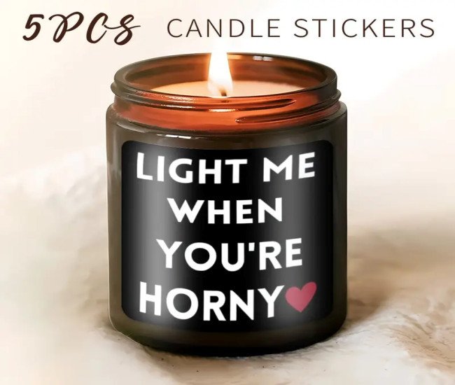 'Light Me When You're Horny' Candle Stickers | Waterproof PET Material | Romantic & Humorous Gift for Boyfriend or Husband | Durable, Sun-Resistant | Bold White Text on Black Background with Heart Design | Ideal for Motorcycle Enthusiasts, Intimate