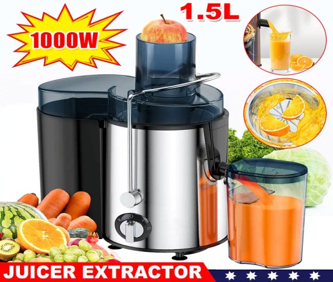 Local - Fastest delivery: 1 business day1000W Portable Cold Press Juicer – Stainless Steel and ABS, Easy-to-Clean Fruit and Vegetable Extractor with Dual Power Options (Battery/Plug-in), Ideal for Home and Office Use, Portable