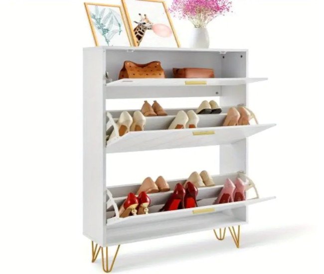 Local warehouseShoe cabinet with three flip-top drawers and independent storage boxes, suitable for storing high heels, boots and slippers, perfect for entrances, corridors and living rooms