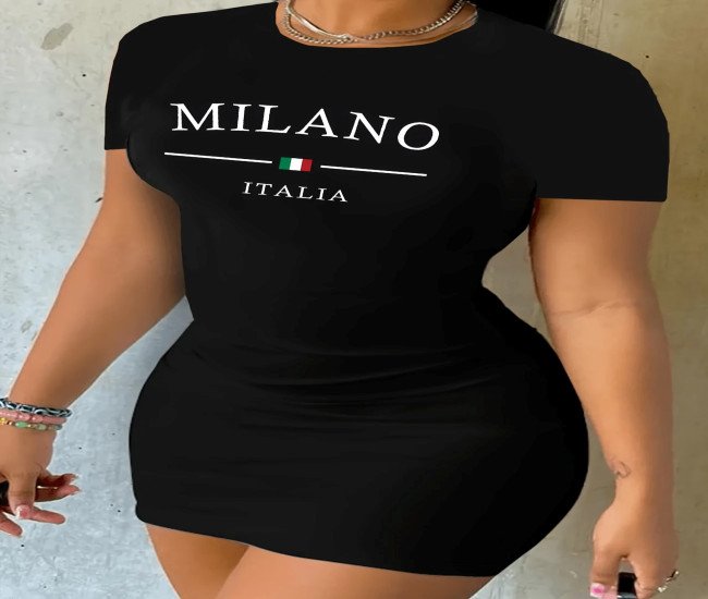 Milano Italy Graphic Print Stretchy Bodycon Moto Dress - Women's Black Knit Sports Dress with Italian Flag Design, Machine Washable, All-Season Wear