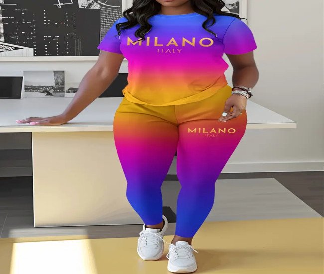Milano Italy Letter Print Crew Neck Short Sleeve T-Shirt And Tight Hip Wrap Leggings Set, Casual Polyester Knit Fabric, 180Gsm, Spring/Summer Two-Piece Outfit