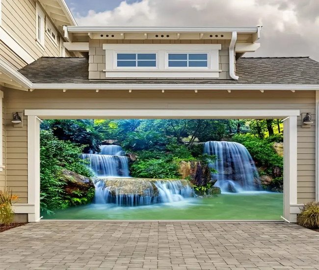 Open 1pc Rainforest Waterfall Natural Landscape Library Door Banner - Large outdoor decorations, perfect for party backdrops and festive celebration garden decorations