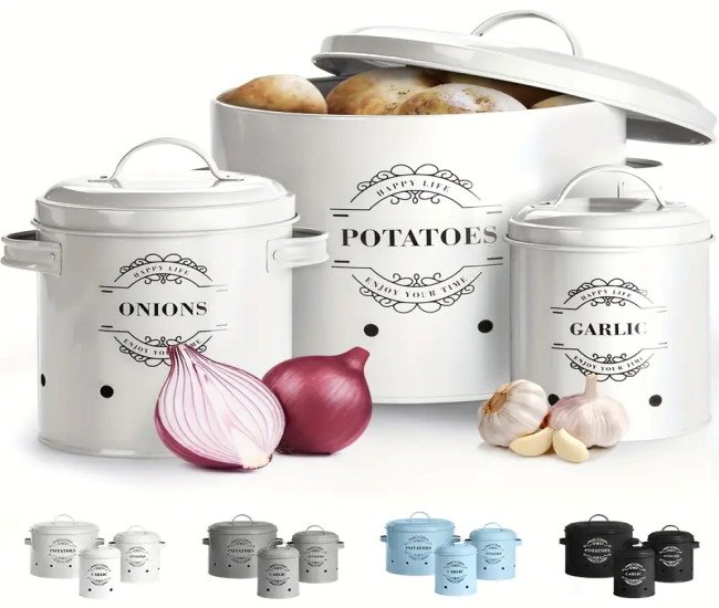 Set of 3 Potato, Onion And Garlic Canned Food Storage Bins, Handy Preserved Fruit, Canned Food, Vegetable Basket