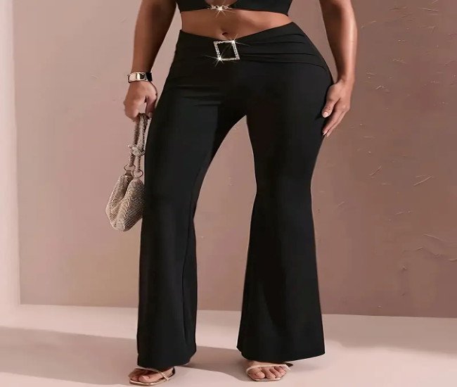 [Sleek Finish] Women's High-Waist Flared Pants - Elegant Solid Black with Glossy Finish, Stretchy Polyester & Spandex Blend, Comfortable Long Bell Bottoms for Casual or Dressy Occasions, High Waisted Leggings