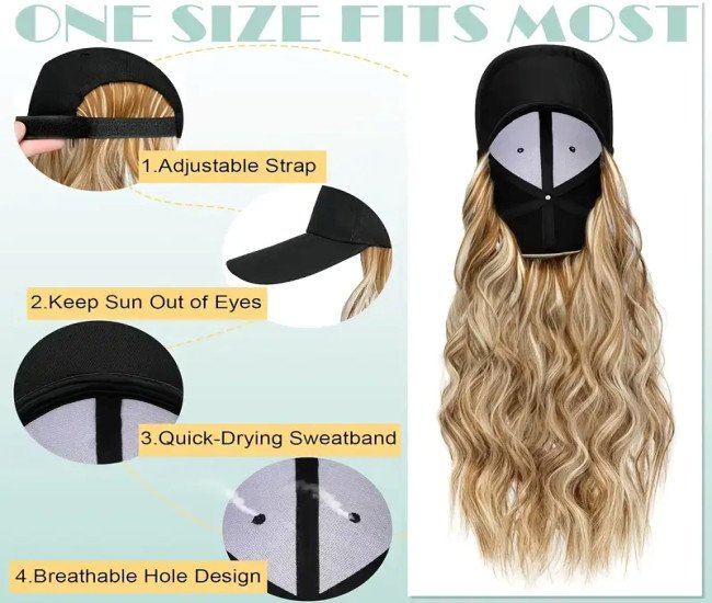 [Stylish Hat Wig] Heat-Resistant Synthetic Fiber Stylish Hat Wig for Women | Long Wavy Hair Extensions with Adjustable Cap, Black Baseball Hat Design, Perfect for Casual Attire or Special Occasions, Everyday Hairpiece | Secure Fit Cap, Wig Accessories