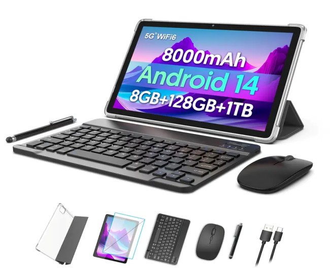 The Latest 10.1-inch Android 14 Tablet, 128GB+8 (4+4 Expansion) GB/1TB Expansion, Octa-core Processor, 5G Wi-Fi 6, 2MP+8MP Dual Camera, 1280 * 800 FHD IPS, 8000mAh Large-capacity Battery