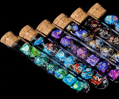 A Set of 9 Laser Magic Bottles, D&D Dice Storage Bag Set for Tabletop Games, Featuring Numerical Dice And Cthulhu Polyhedral Dice.