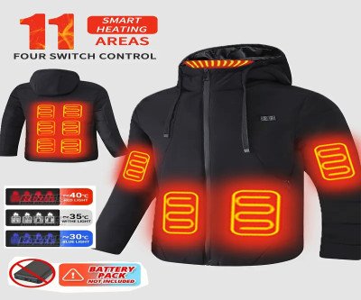 A Smart Heated Jacket Designed for Casual Warmth, Featuring 11 Heating Zones, Dual Controls, Three Heat Settings, a Hood with Drawstrings, Suitable for Autumn And Winter, Thickened for Business Wear, Perfect for Outings Or Home Use for Men.