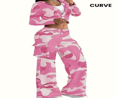 Casual Camouflage Print Two-piece Set, Long Sleeve Single Button T-shirt & Drawstring Flap Pockets Pants Outfits, Women's Clothing