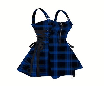 Chic Women's Plaid Print Dress with Zipper & Buckle Straps - Casual Off-Shoulder, A-Line Skirted Design, Polyester, Machine Washable - Blue & Black