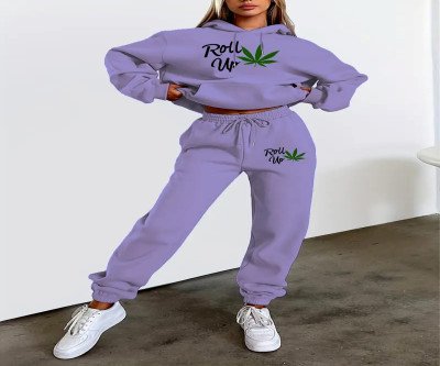 Cozy Fleece-Lined Women's Sweatshirt & Joggers Set with Leaf Print - Casual, Machine Washable Outfit for Fall/Winter