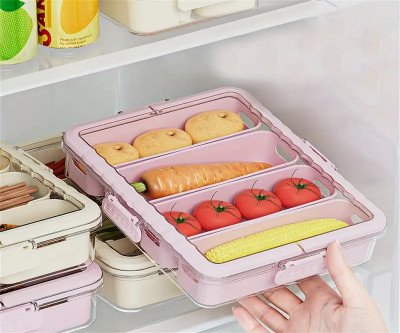 Faridabio Pink Portable Crisper with Transparent Lid - Food-Grade, Rust-Proof Plastic Kitchen Organizer for Fruits & Vegetables - Multi-Compartment Design for Outdoor Camping & All-Season Use