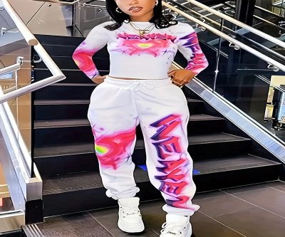 Heart and Letter Print Long Sleeve Top with Drawstring Waist Pants Set with Pockets Two-Piece
