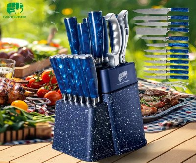 Knife Holder Built-in Sharpener Block Knife Set Stainless Steel Kitchen Knife Set, Steak Knives Chef Knife Kitchen Tools 14pcs Set, Japanese Chef Knives with Resin Handle, Gifts for Women Men Birthday Christmas Unique Gift for Mom Dad Friend