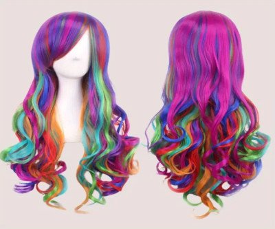 Long Curly Rainbow Color Cosplay Party Costume Hair Wigs With Cap Colorful Heat Resistant Soft 