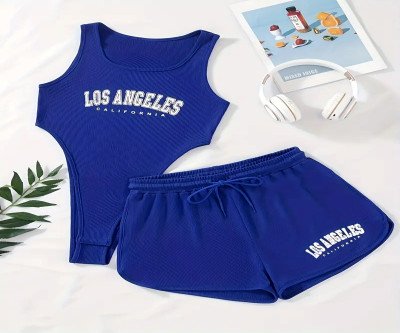 Los Angeles Printed Summer Two-Piece Set, Casual Sleeveless Round Neck Bodysuit and Drawstring Waist Shorts Outfit for Women