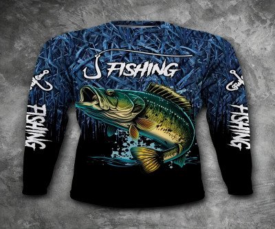 Men's Long Sleeve Casual Fishing Shirt - 3D Fish Print, Round Neck, Polyester, Black & Blue Gradient, Ideal for Outdoor Activities, Fishing Accessory