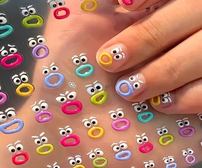 Self-Adhesive Plastic Nail Stickers with Glitter - Cartoon Monster Mouth Design for Girls and Women, Glossy Finish, Round Shape, Single Use Decals with Cartoon Patterns for Plastic Surfaces - Vibrant Monster Mouth Nail Art Decals