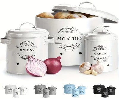 Set of 3 Potato, Onion And Garlic Canned Food Storage Bins, Handy Preserved Fruit, Canned Food, Vegetable Basket