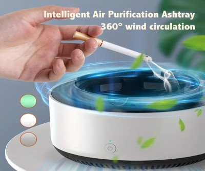 Smart Oval Air Purifying Ashtray, 360° Wind Circulation, Removes Secondhand Smoke & Odor, Plastic, AA Battery Operated (2 Not Included), Ideal for Smoking & Weed Accessories