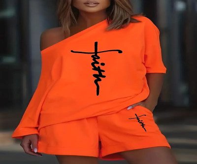 Women'S Casual Off-Shoulder Letter Print Fashion Suit - Orange Blouse with Black Cross Design & Matching Shorts, Lightweight Polyester, Spring/Summer Outfit, Casual Attire | Offshoulder Fashion | Knit Constructio