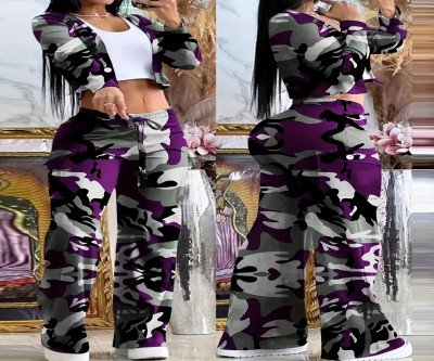Women's Fashion Casual Camouflage Two-Piece Set with Buttoned Long Sleeve Navel Top and Bell Bottoms, with Drawstring Belt - Polyester Blended Fabric, Machine Washable, Stylish Casual Wear Micro-Bell Style High-Quality Structure