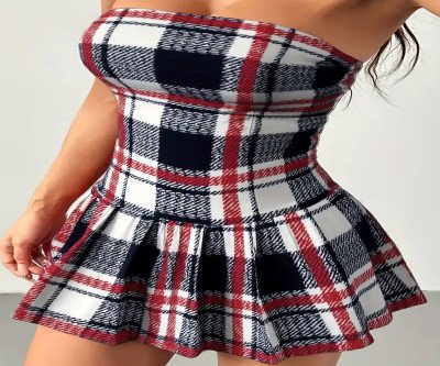 Women's Sexy Sleeveless Pleated Strapless Mini Dress - Red & Black Plaid Print, Machine Washable, All-Season Versatile Fit for Casual & Formal Occasions, Party Attire | Offshoulder Fashion | Layered Skirt