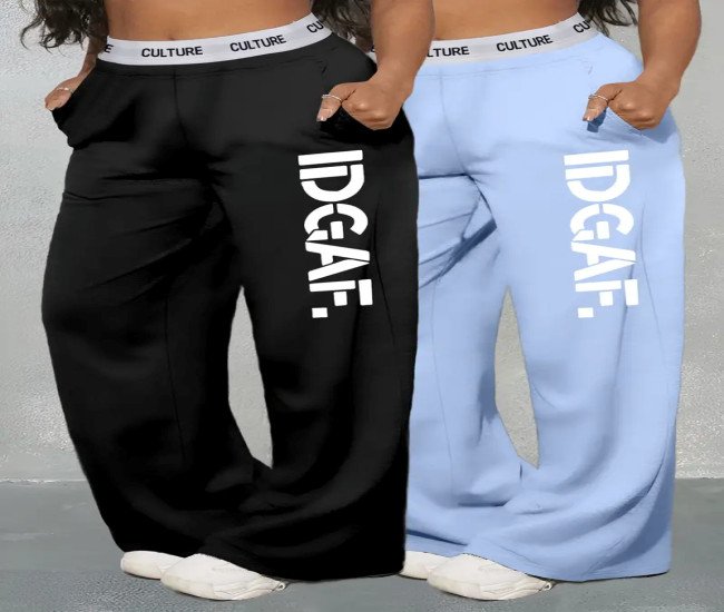 Two-Piece Set - K6 Women'S IDGAF Letter Print with Contrasting Color Long Pants, Casual Loose High-Waisted Floor-Length Sports Sweatpants.