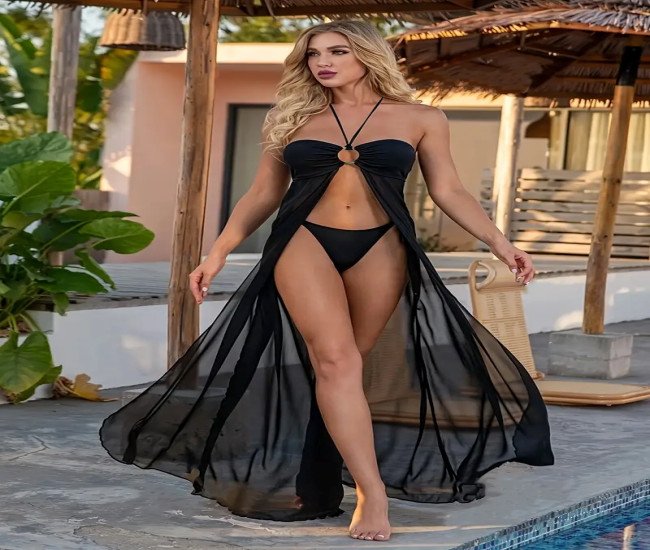 Women'S Black Two-Piece Swimsuit Set with Halter Top and Thong Bottoms - Stretchy, Sexy Cover-Up with Drawstring Detail, Ideal for Beach and Pool, Beach Swimsuit|Sexy Swimsuit|Stretchy Fabric